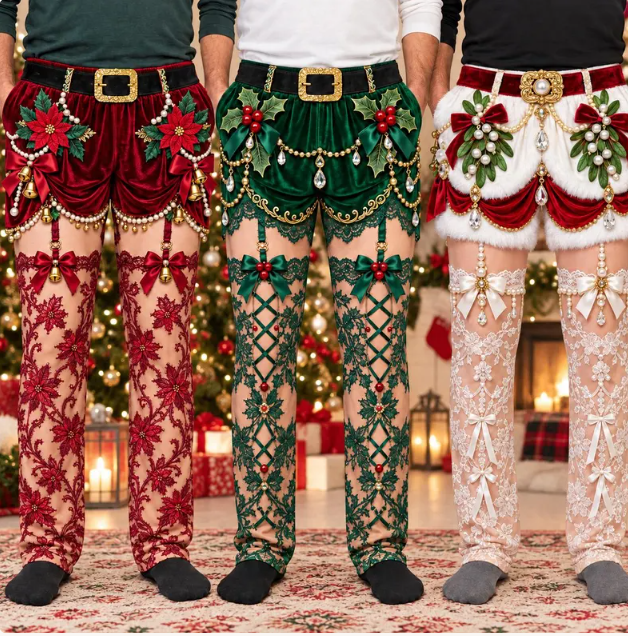 Bare Pajamas Christmas novelty pants in red, green and white designs